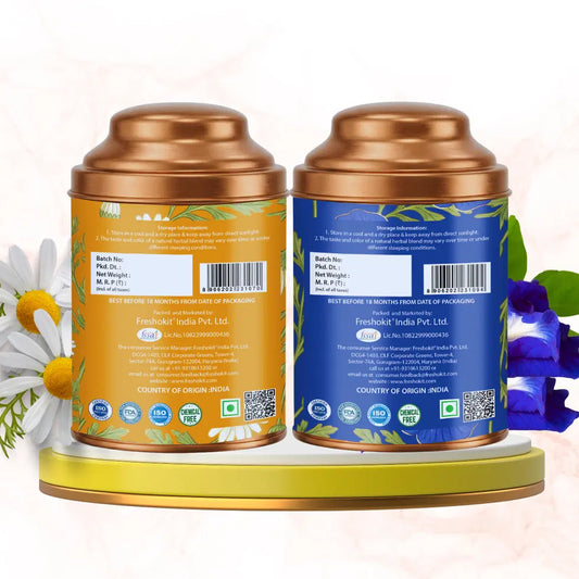 Aaurash Chamomile Tea & Blue Tea Combo | 100% Natural Flower Tea | Caffeine-Free Wellness Tea | Supports Relaxation, Better Sleep & Skin Health | Rich in Antioxidants Herbal Tea