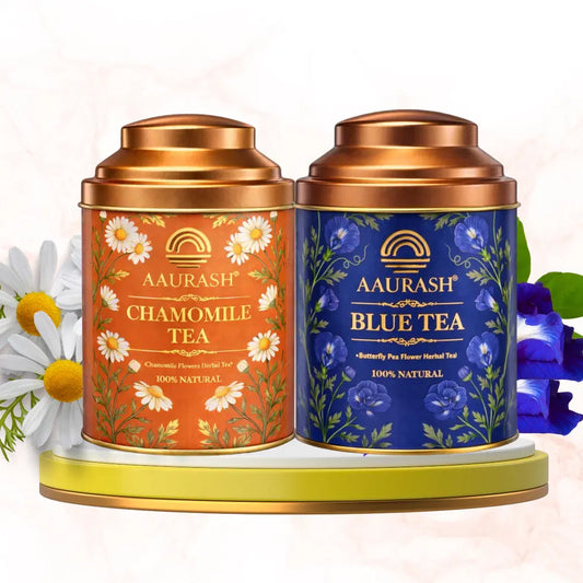 Aaurash Chamomile Tea & Blue Tea Combo | 100% Natural Flower Tea | Caffeine-Free Wellness Tea | Supports Relaxation, Better Sleep & Skin Health | Rich in Antioxidants Herbal Tea